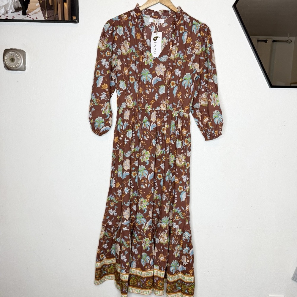 New Bindu Ariana V-neck Maxi Dress French Chocolate Floral Womens Small